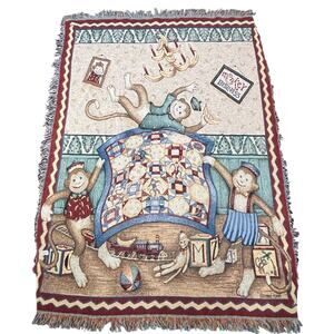 VTG Monkey Business Tapestry Bananas Debbie Mumm Quilt Woven Nursery Decor Kids